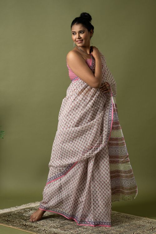 ICH Light & Breezy. Sanganeri Hand Block Printed Kota Doria - Pink Florets - Image 5