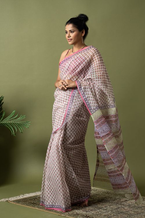 ICH Light & Breezy. Sanganeri Hand Block Printed Kota Doria - Pink Florets - Image 8