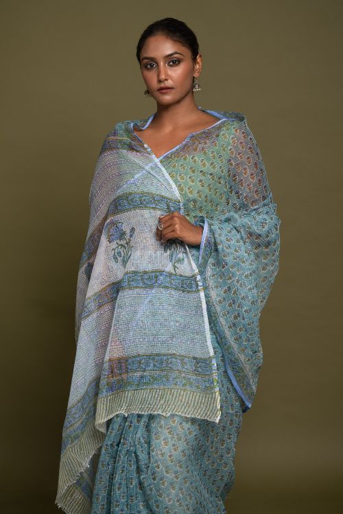ICH Light & Breezy. Sanganeri Hand Block Printed Kota Doria - Soft Blue Flora - Image 2