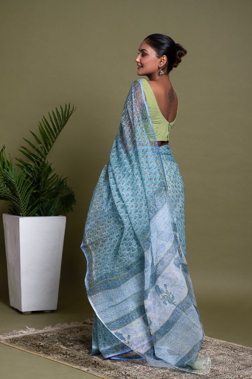 ICH Light & Breezy. Sanganeri Hand Block Printed Kota Doria - Soft Blue Flora - Image 3