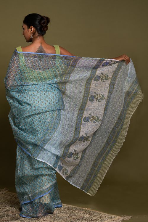 ICH Light & Breezy. Sanganeri Hand Block Printed Kota Doria - Soft Blue Flora - Image 5