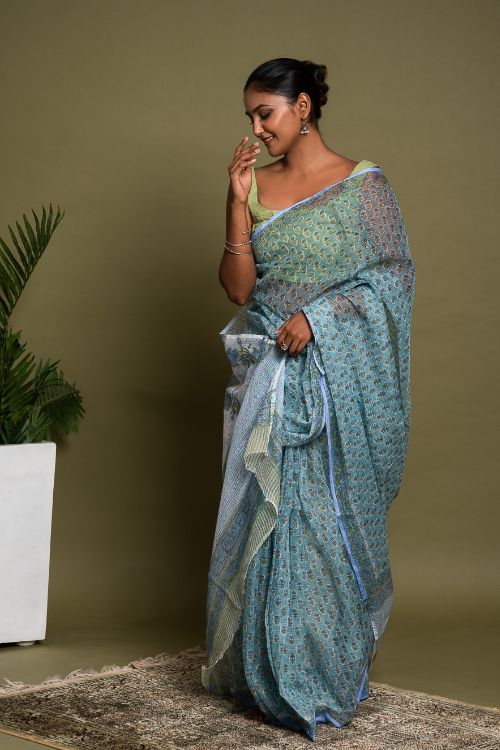 ICH Light & Breezy. Sanganeri Hand Block Printed Kota Doria - Soft Blue Flora - Image 6