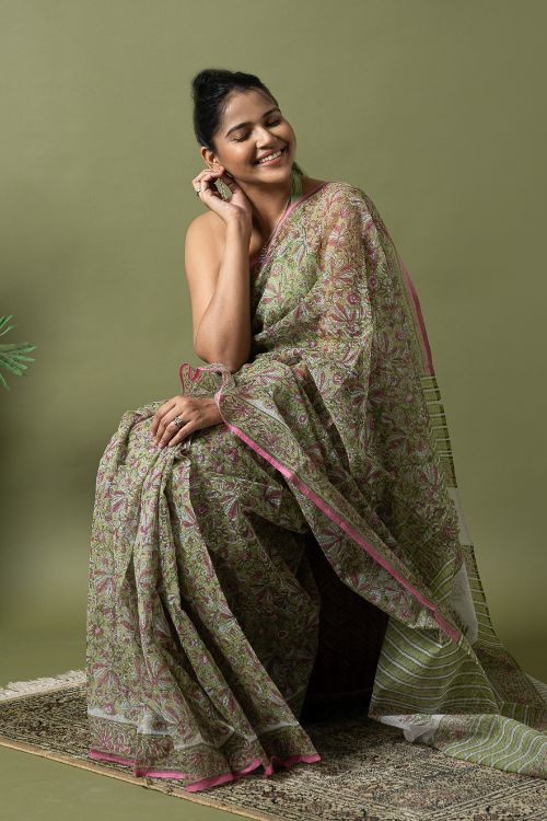 ICH Light & Breezy. Sanganeri Hand Block Printed Kota Doria - Soft Green Flora - Image 2