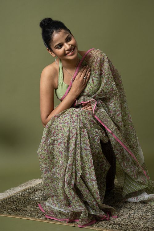 ICH Light & Breezy. Sanganeri Hand Block Printed Kota Doria - Soft Green Flora - Image 3