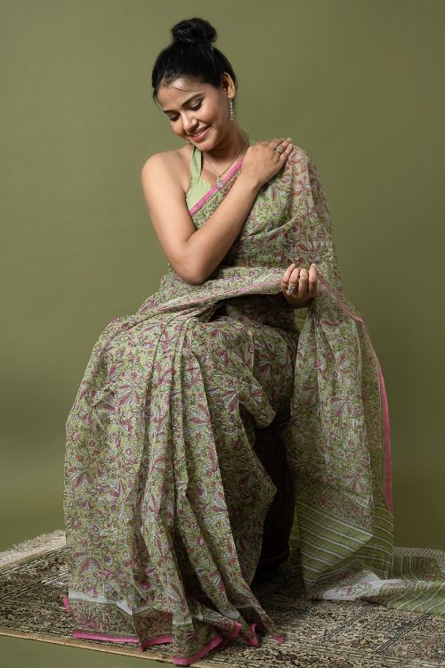 ICH Light & Breezy. Sanganeri Hand Block Printed Kota Doria - Soft Green Flora - Image 4