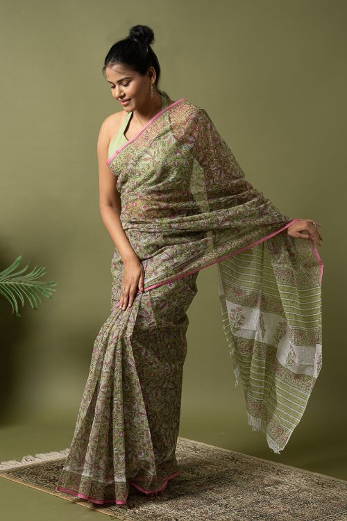 ICH Light & Breezy. Sanganeri Hand Block Printed Kota Doria - Soft Green Flora - Image 7
