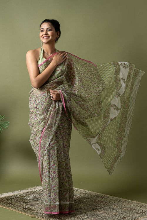 ICH Light & Breezy. Sanganeri Hand Block Printed Kota Doria - Soft Green Flora - Image 8