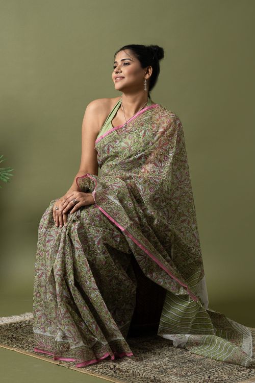 ICH Light & Breezy. Sanganeri Hand Block Printed Kota Doria - Soft Green Flora - Image 9