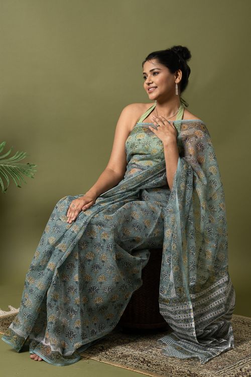 ICH Light & Breezy. Sanganeri Hand Block Printed Kota Doria - Teal Flora - Image 10