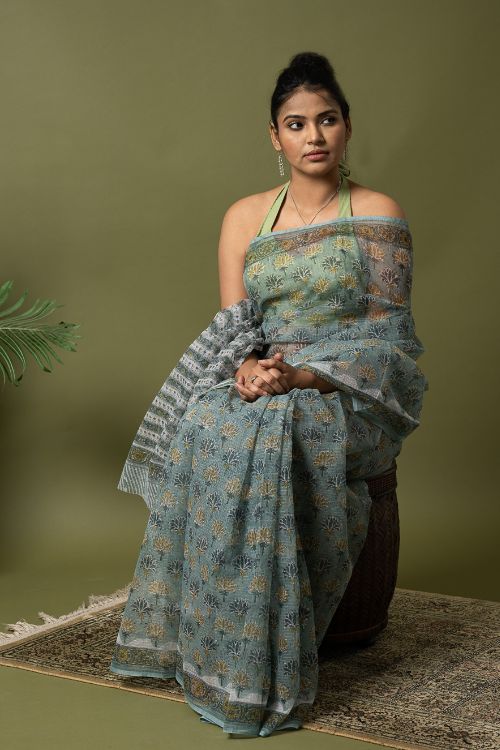 ICH Light & Breezy. Sanganeri Hand Block Printed Kota Doria - Teal Flora - Image 11