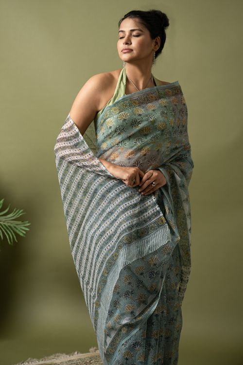 ICH Light & Breezy. Sanganeri Hand Block Printed Kota Doria - Teal Flora - Image 2