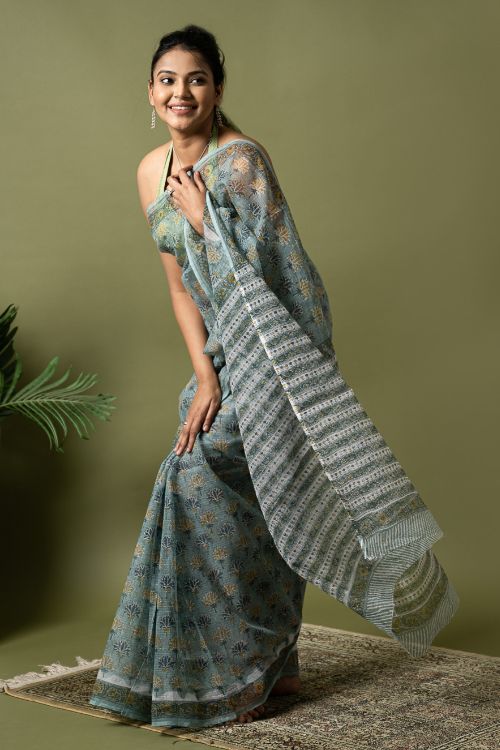 ICH Light & Breezy. Sanganeri Hand Block Printed Kota Doria - Teal Flora - Image 6