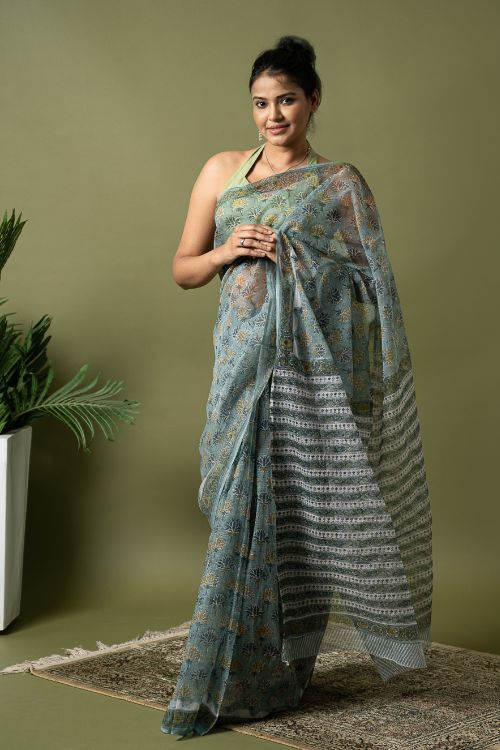 ICH Light & Breezy. Sanganeri Hand Block Printed Kota Doria - Teal Flora - Image 8