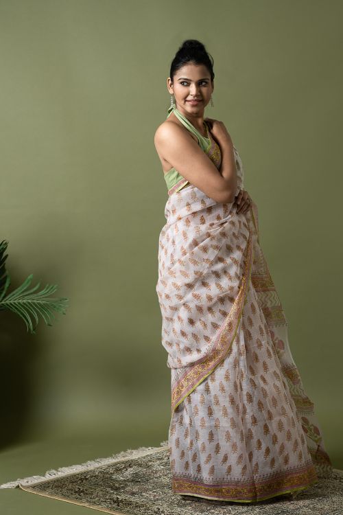 ICH Light & Breezy. Sanganeri Hand Block Printed Kota Doria - White Summer - Image 3