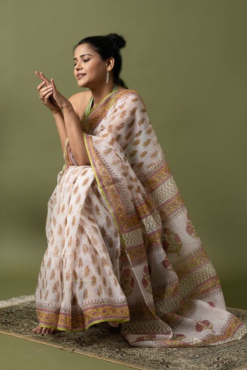 ICH Light & Breezy. Sanganeri Hand Block Printed Kota Doria - White Summer - Image 9