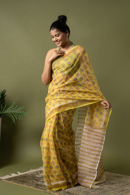 ICH Light & Breezy. Sanganeri Hand Block Printed Kota Doria - Yellow Flora - Image 10