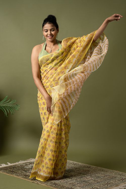 ICH Light & Breezy. Sanganeri Hand Block Printed Kota Doria - Yellow Flora - Image 11