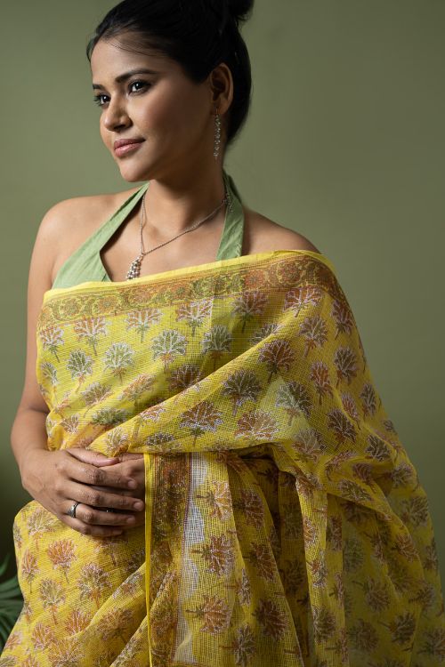 ICH Light & Breezy. Sanganeri Hand Block Printed Kota Doria - Yellow Flora - Image 12