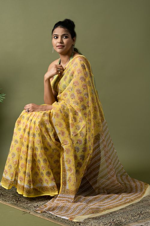 ICH Light & Breezy. Sanganeri Hand Block Printed Kota Doria - Yellow Flora - Image 13