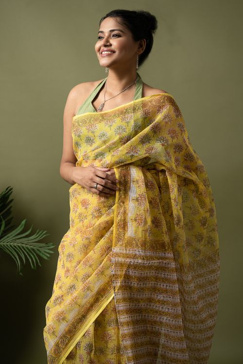 ICH Light & Breezy. Sanganeri Hand Block Printed Kota Doria - Yellow Flora - Image 2