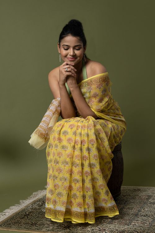 ICH Light & Breezy. Sanganeri Hand Block Printed Kota Doria - Yellow Flora - Image 4