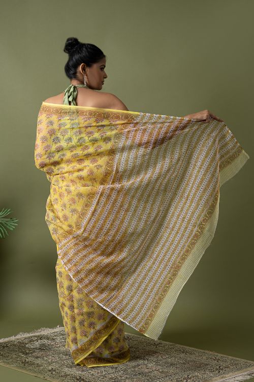 ICH Light & Breezy. Sanganeri Hand Block Printed Kota Doria - Yellow Flora - Image 5