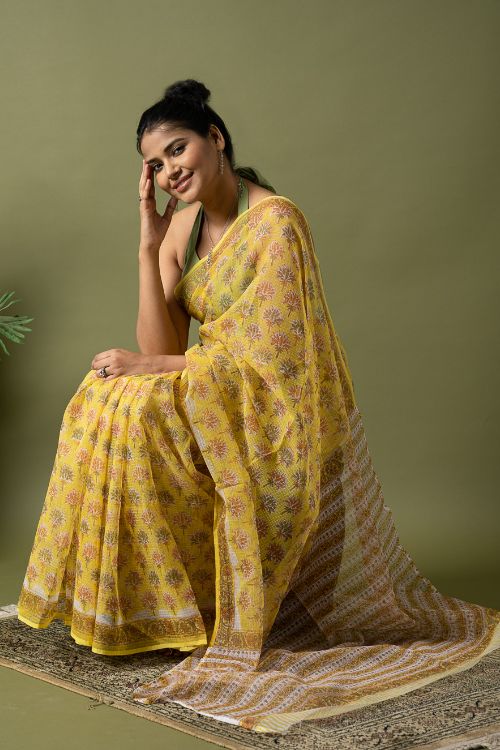 ICH Light & Breezy. Sanganeri Hand Block Printed Kota Doria - Yellow Flora - Image 6