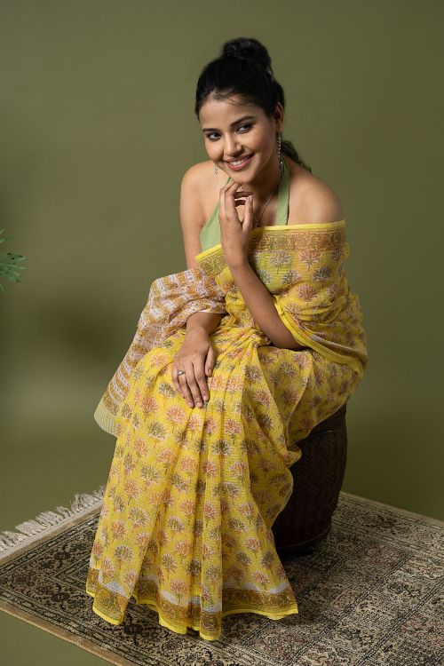 ICH Light & Breezy. Sanganeri Hand Block Printed Kota Doria - Yellow Flora - Image 7