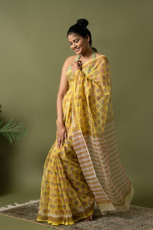 ICH Light & Breezy. Sanganeri Hand Block Printed Kota Doria - Yellow Flora - Image 8