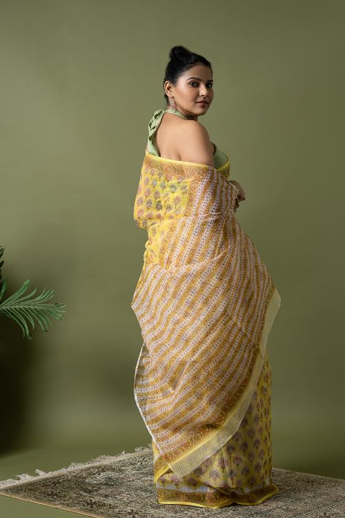 ICH Light & Breezy. Sanganeri Hand Block Printed Kota Doria - Yellow Flora - Image 9