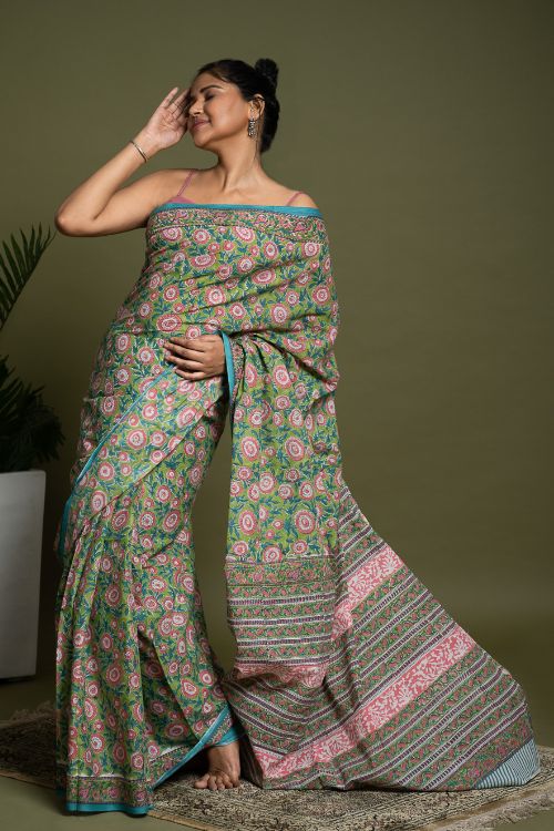 ICH Sanganer Statements. Hand Block Printed Mul Cotton Saree - Green Flora - Image 5