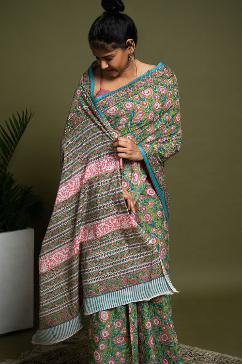 ICH Sanganer Statements. Hand Block Printed Mul Cotton Saree - Green Flora - Image 6