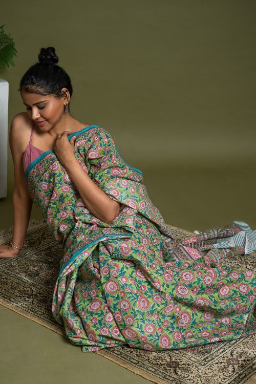 ICH Sanganer Statements. Hand Block Printed Mul Cotton Saree - Green Flora - Image 7