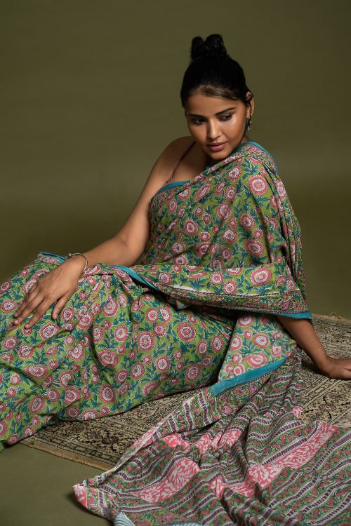 ICH Sanganer Statements. Hand Block Printed Mul Cotton Saree - Green Flora - Image 8