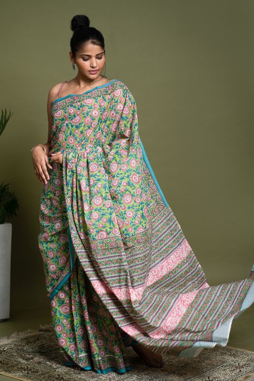 ICH Sanganer Statements. Hand Block Printed Mul Cotton Saree - Green Flora - Image 9