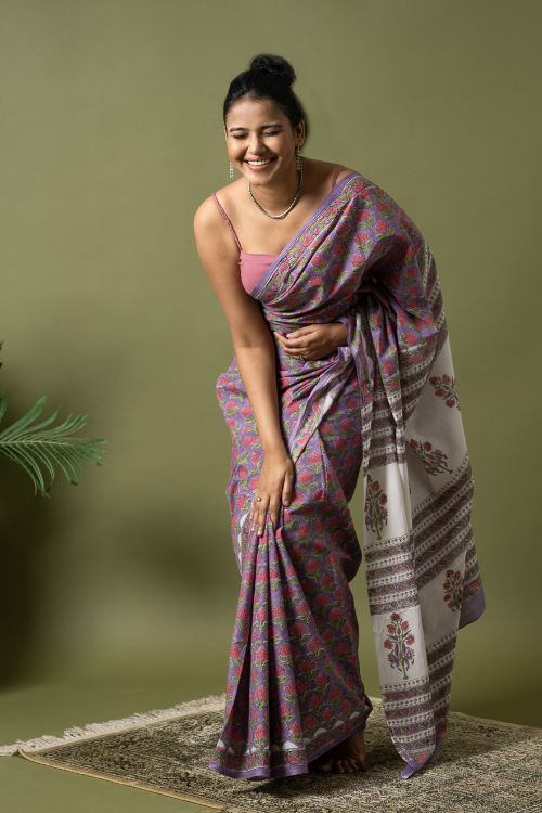 ICH Sanganer Statements. Hand Block Printed Mul Cotton Saree - Mauve Flora - Image 3
