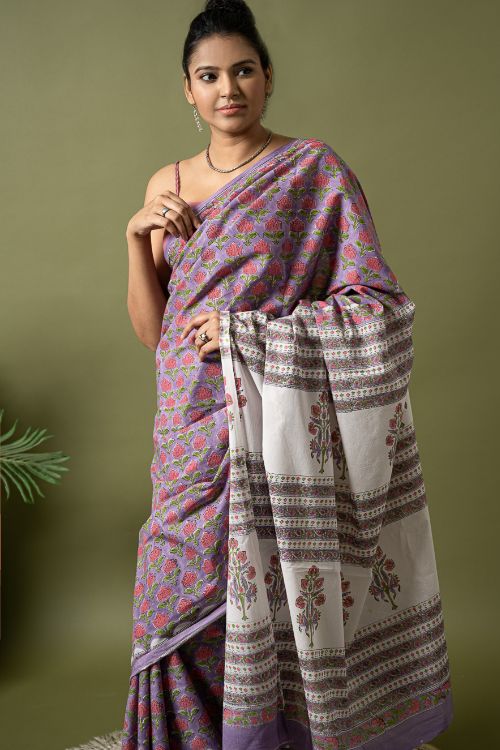ICH Sanganer Statements. Hand Block Printed Mul Cotton Saree - Mauve Flora - Image 4