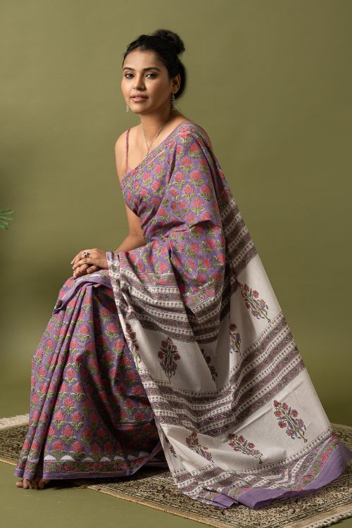 ICH Sanganer Statements. Hand Block Printed Mul Cotton Saree - Mauve Flora - Image 5