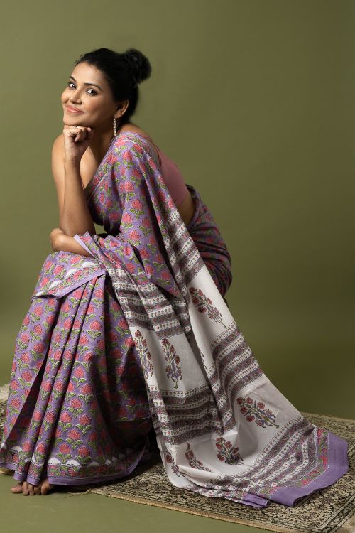 ICH Sanganer Statements. Hand Block Printed Mul Cotton Saree - Mauve Flora - Image 6