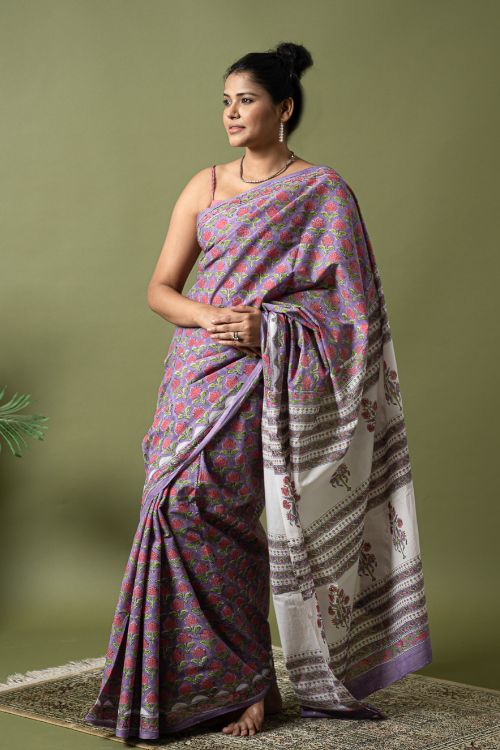 ICH Sanganer Statements. Hand Block Printed Mul Cotton Saree - Mauve Flora - Image 7
