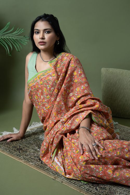 ICH Sanganer Statements. Hand Block Printed Mul Cotton Saree - Peach Flora - Image 2