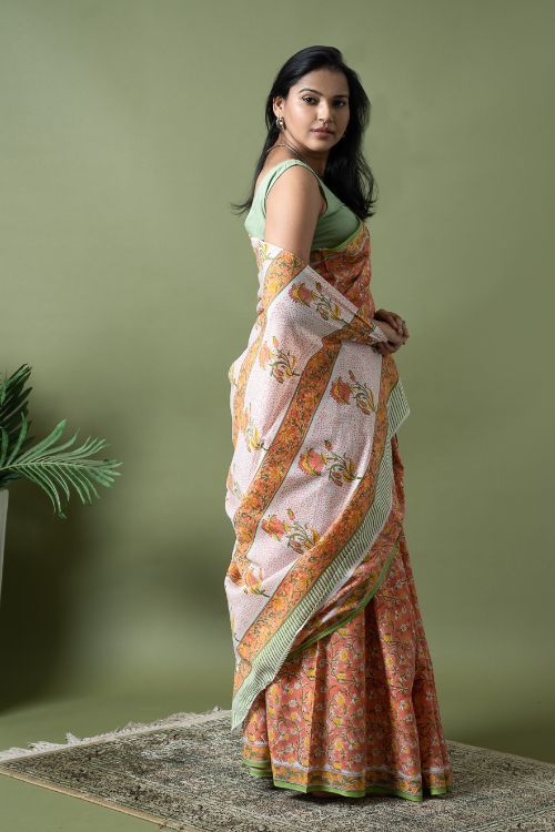 ICH Sanganer Statements. Hand Block Printed Mul Cotton Saree - Peach Flora - Image 3