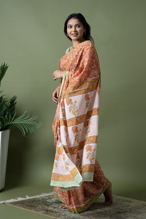 ICH Sanganer Statements. Hand Block Printed Mul Cotton Saree - Peach Flora - Image 4