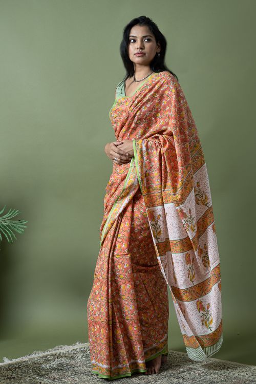 ICH Sanganer Statements. Hand Block Printed Mul Cotton Saree - Peach Flora - Image 7