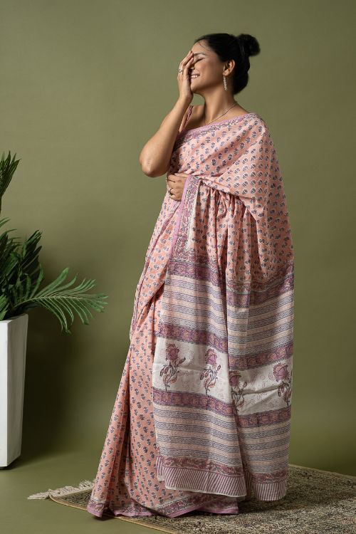 ICH Sanganer Statements. Hand Block Printed Mul Cotton Saree - Peach Florets - Image 4