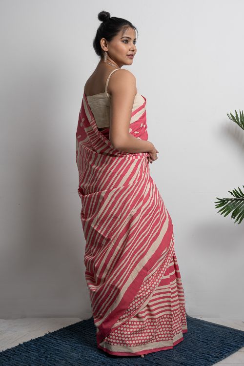 ICH Sanganer Statements. Hand Block Printed Mul Cotton Saree - Pretty Pink - Image 4