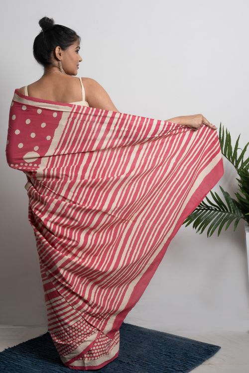 ICH Sanganer Statements. Hand Block Printed Mul Cotton Saree - Pretty Pink - Image 5