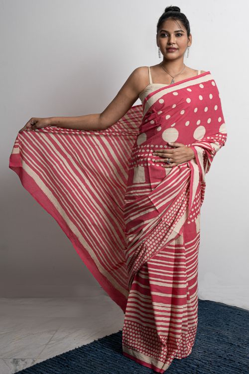 ICH Sanganer Statements. Hand Block Printed Mul Cotton Saree - Pretty Pink - Image 6