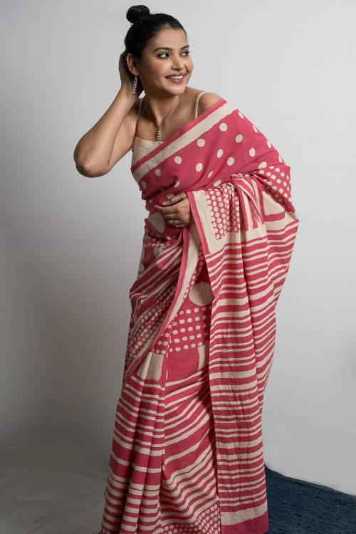 ICH Sanganer Statements. Hand Block Printed Mul Cotton Saree - Pretty Pink - Image 7