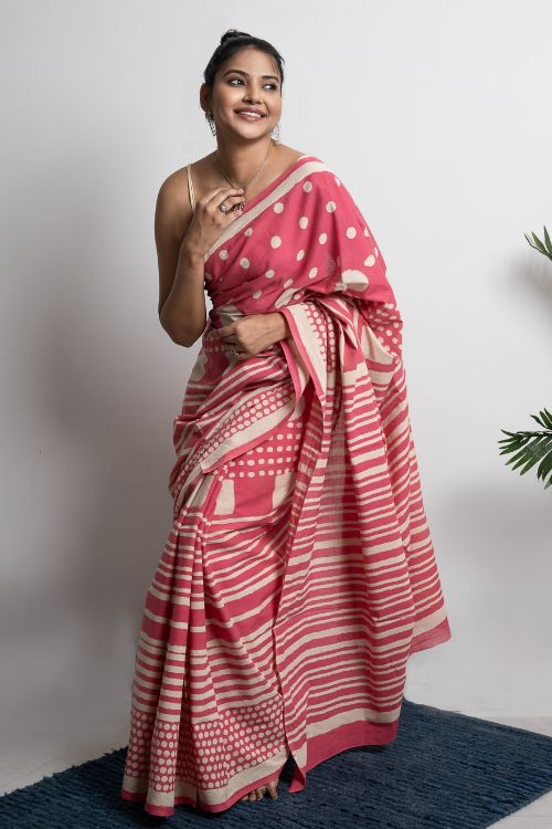ICH Sanganer Statements. Hand Block Printed Mul Cotton Saree - Pretty Pink - Image 8